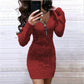 Γυναικείο πλεκτό μίντι φόρεμα με λαιμόκοψη V και μακριά μανίκια