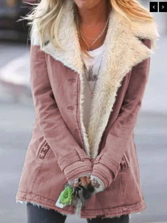 Φθινοπωρινό χειμερινό μονόχρωμο βελούδινο παλτό μεσαίου μήκους με κουκούλα